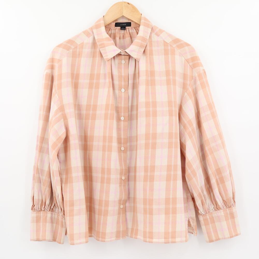J. Crew Women's Relaxed Fit Featherweight Plaid Flannel Peach Shirt Sz L